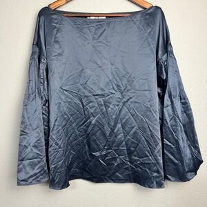 Jennifer Lopez Womens XL Black Satin Blouse Balloon Pleated Sleeve Boat Neck Top